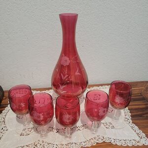 Vintage Cranberry Etched Floral Wine Set Decanter and 5 Glasses Cut To Clear